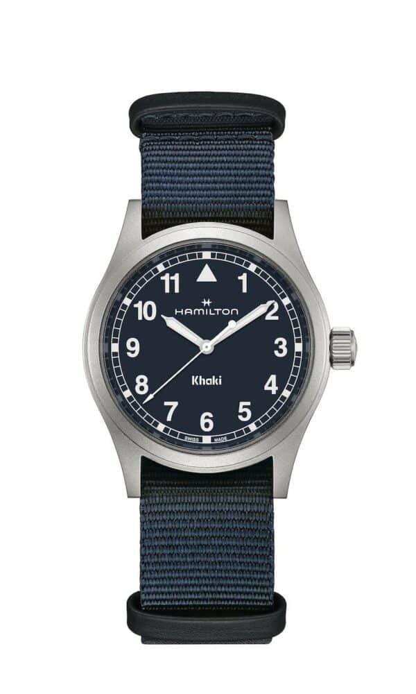 montre khaki field quartz bleue 38mm hamilton